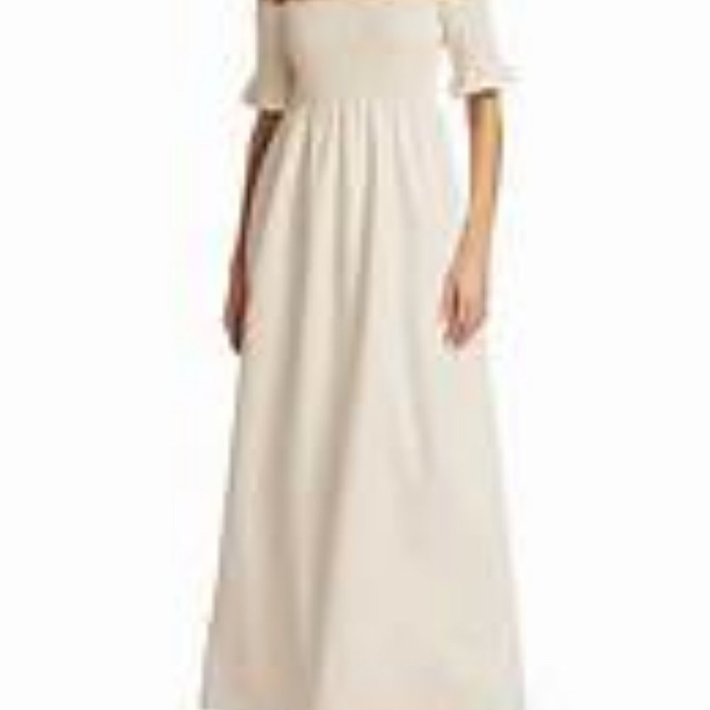 STAUD Mae Smocked Off-The-Shoulder Vegan Leather Maxi Dress S